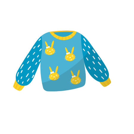 Blue little sweater with bunnies print. Apparel for toddler girl. Baby fashion. Kids clothing. Item for children care concept. Colorful flat vector designのイラスト素材