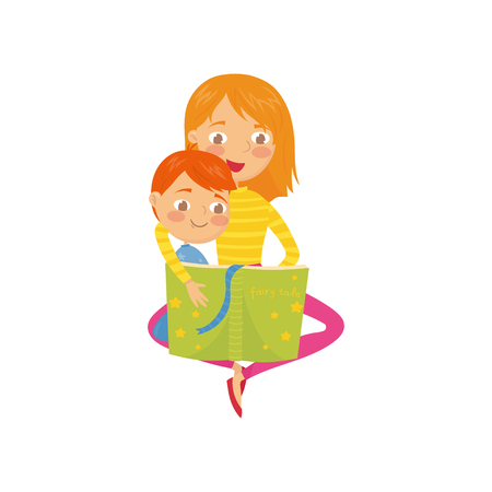 Mother with her son sitting on floor and reading fairy tale book before bedtime. Happy childhood. Cartoon character of young woman and little boy. Flat vector illustration isolated on white backgroundのイラスト素材