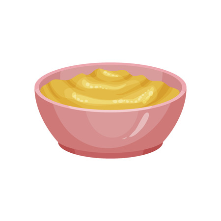Fresh mustard in pink ceramic dip bowl. Culinary theme. Dishes component. Cooking ingredient used for hot dogs, sandwiches and meat. Colorful flat vector illustration isolated on white background.のイラスト素材