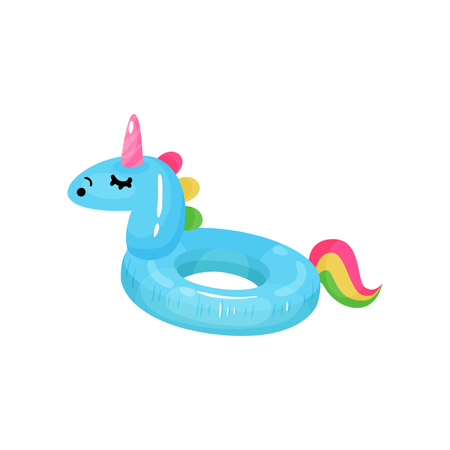 Cartoon icon of rubber ring for swimming in shape of blue unicorn with colorful tail. Inflatable circle toy for childrens fun in pool. Beach accessory. Flat vector designのイラスト素材