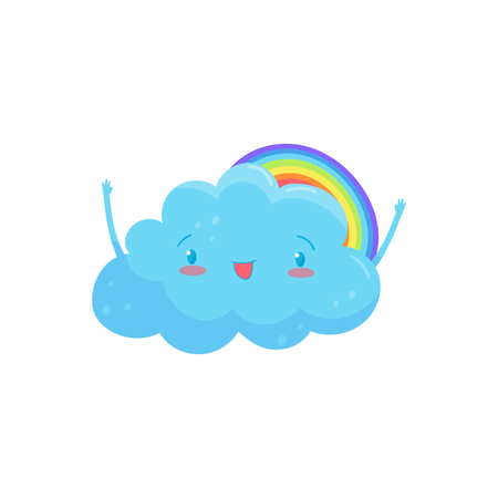 Happy blue cloud with adorable face and little hands, colorful rainbow behind him.のイラスト素材