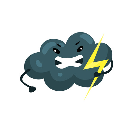 Stormy dark cloud with yellow flash in hand. Emoji with angry face. Weather and sky element. Cartoon flat vector design for sticker, mobile app or printのイラスト素材