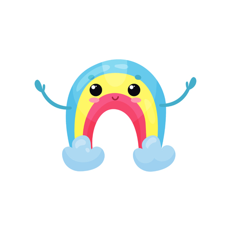 Happy rainbow character with smiling face and hands up. Colorful weather emoji. Cartoon flat vector element for children book, mobile game or printのイラスト素材