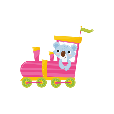 Funny blue koala with pink cheeks riding on colorful train.のイラスト素材