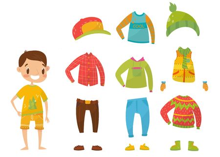 Boys clothing collection, set of clothes and accessories vector Illustrations isolated on a white background.のイラスト素材