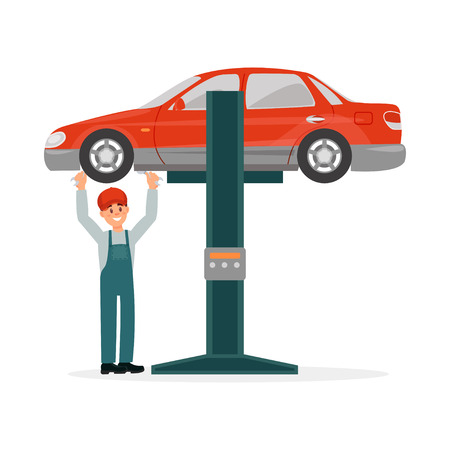 Car mechanic in uniform standing under red car lifted on auto hoist illustration on a white backgroundのイラスト素材