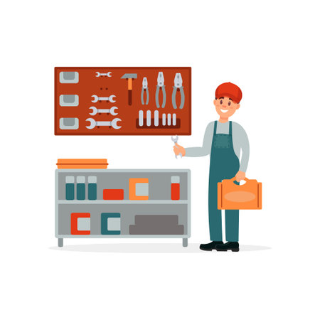 Professional car mechanic in uniform with toolbox at car repair auto service center illustration on a white backgroundのイラスト素材