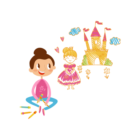 Lovely little girl sitting on the floor and drawing castle and princess with color pencils on the wall, young artist, kids activity routine vector Illustration isolated on a white background.のイラスト素材