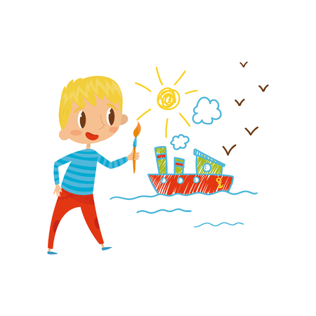 Cute little boy painting ship with color paints and brush on the wall, young artist, kids activity routine vector Illustrationのイラスト素材