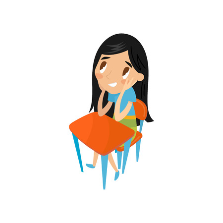 Little schoolgirl sitting at the desk, preschool activities and early childhood education concept vector Illustrationのイラスト素材