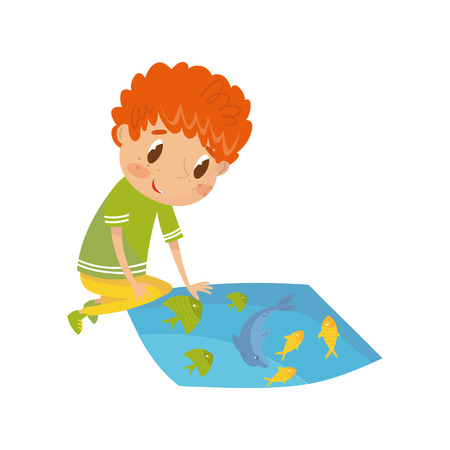 Boy learning underwater world, preschool activities and early childhood education concept vector Illustrationのイラスト素材
