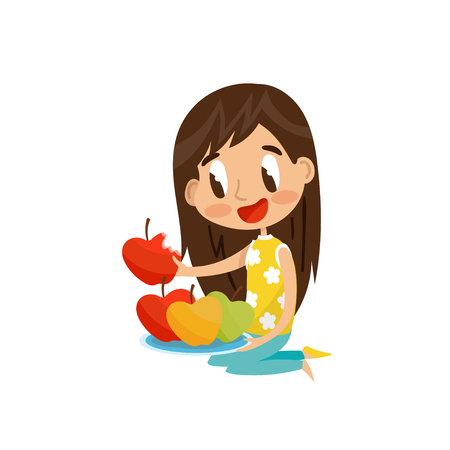 Cute brunette girl sitting on the floor and eating red apple vector Illustration on a white backgroundのイラスト素材