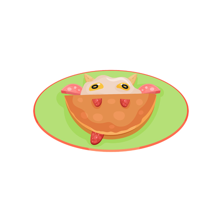 Creative food for kids, pancake, sausage, fried egg in the shape of a cow vector Illustration on a white backgroundのイラスト素材