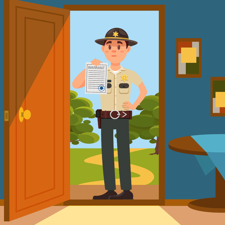 Town male sheriff police officer character in official uniform standing on the doorstep of the house and showing warrant sheet of paper vector Illustrationのイラスト素材