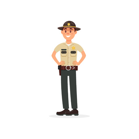 Smiling town male sheriff police officer character in official uniform standing with hands on his waist vector Illustration isolated on a white background.のイラスト素材
