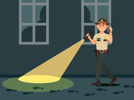 Town male sheriff police officer character in official uniform with flashlight searching on the dark vector Illustrationのイラスト素材
