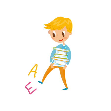 Elementary school student carrying stack of books, education and knowledge concept, colorful cartoon character vector Illustration on a white backgroundのイラスト素材