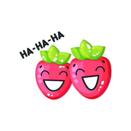 Smiling bright glossy strawberries cute characters saying Hahaha cartoon vector Illustration isolated on a white background.のイラスト素材