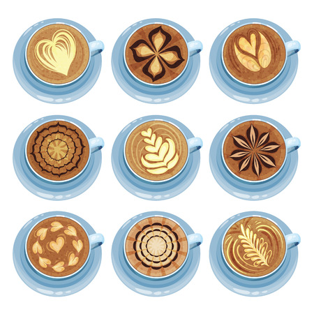 Cups of coffee set, drawings on coffee crema, top view vector Illustrations isolated on a white background.のイラスト素材
