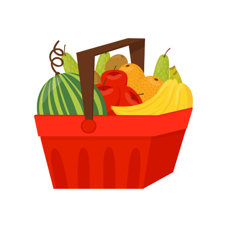 Fresh ripe fruits in red plastic basket, healthy lifestyle and diet concept vector Illustration on a white backgroundのイラスト素材