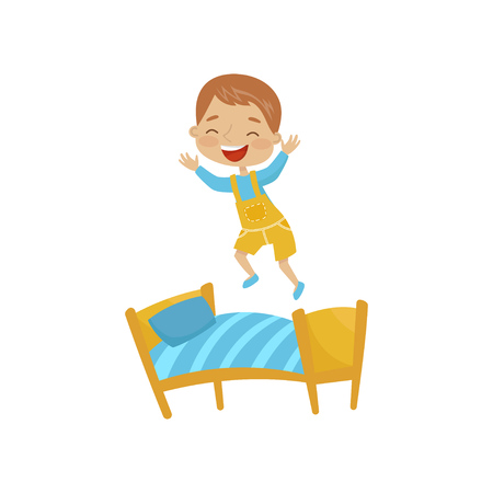 Little boy jumping on a bed, hoodlum cheerful kid, bad child behavior vector Illustration on a white backgroundのイラスト素材