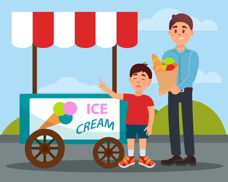 Capricious child asking his father to buy ice cream vector illustration in flat style.のイラスト素材