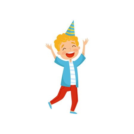 Cute boy in party hat having fun at birthday party cartoon vector illustration isolated on a white background.のイラスト素材