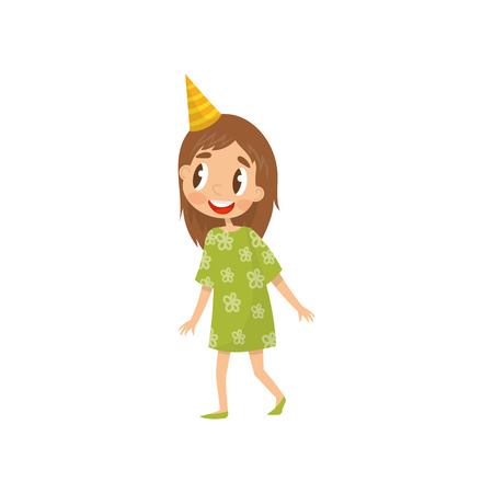 Beautiful girl in party hat, birthday party concept cartoon vector illustration on a white background.のイラスト素材