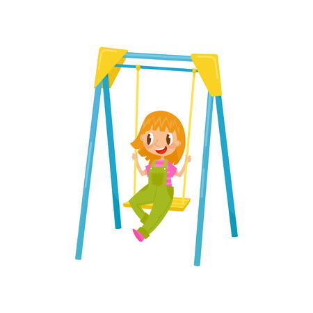Girl having fun and ride on a swing, kid on a playground vector Illustration isolated on a white background.のイラスト素材