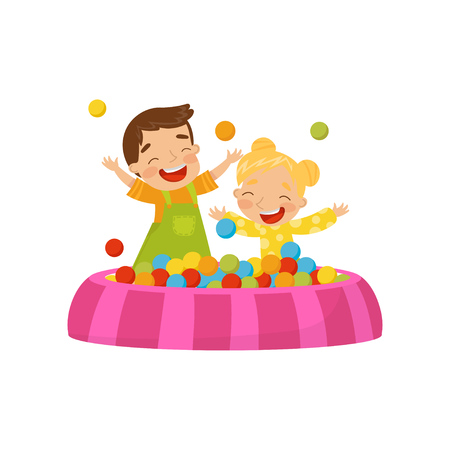 Happy boy and girl playing in a ball pit, kids on a playground vector Illustration isolated on a white background.のイラスト素材