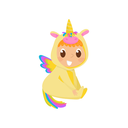 Sweet baby in yellow unicorn costume with wings sitting on the floorのイラスト素材