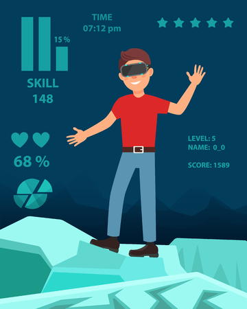 Young man playing video game in virtual reality headset, person enjoying VR headset effects vector Illustration in flat styleのイラスト素材