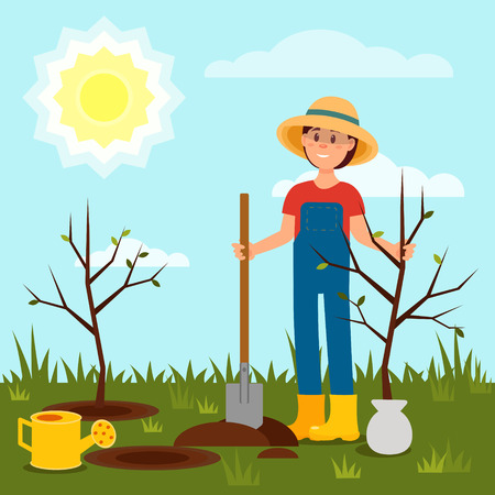Cheerful girl planting tree. Young woman working in garden. Blue sky and bright sun. Natural landscape. Flat vector designの写真素材