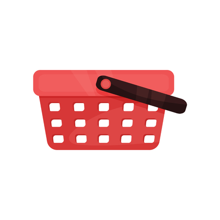 Flat icon of bright red shopping basket with single black handle. Plastic container for carrying products in supermarketの写真素材