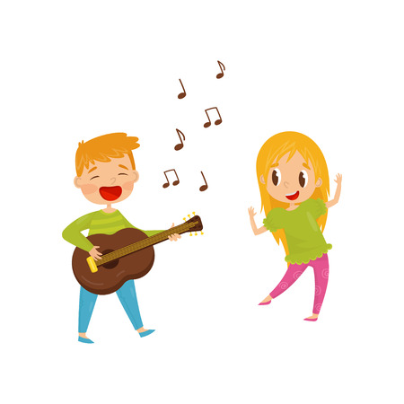 Little boy playing guitar and singing, girl dancing. Cheerful kids having fun together. Cartoon character of brother and sister. Colorful vector illustration in flat style isolated on white backgroundのイラスト素材