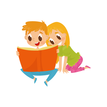 Two little children reading book with fairy tales. Cartoon boy and girl characters. Brother and sister spending time together. Happy childhood. Colorful flat vector illustration isolated on white.のイラスト素材