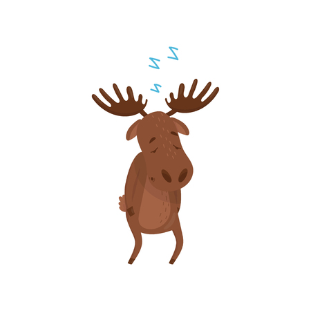 Cartoon character of sleepwalker moose. Wild forest animal. Brown Eurasian elk with large branched horns. Graphic design for children book. Flat vector illustration isolated on white background.のイラスト素材