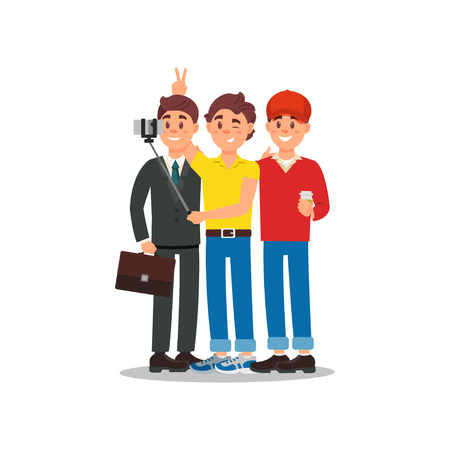 Cheerful friends making photo using smartphone and selfie stick. Cartoon male characters with happy face expressions. Three young people. Colorful flat vector illustration isolated on white backgroundのイラスト素材