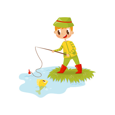 Funny Red Haired Boy Fishing On The Shore Summer Recreation