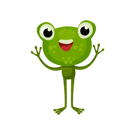 Adorable frog with cheerful face expression. Cartoon character of friendly green toad with paws up. Flat vector for children bookのイラスト素材
