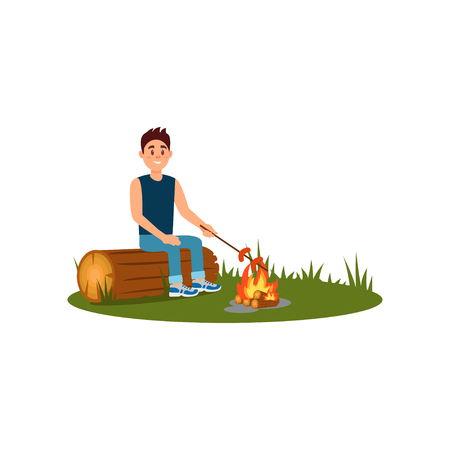 Young smiling man sitting on log and cooking sausages on campfireのイラスト素材