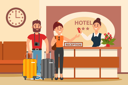 Young couple at hotel reception.のイラスト素材