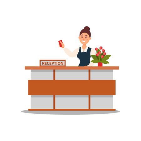 Reception of hotel. Smiling woman standing behind desk and extending hand with key card. Flat vector designのイラスト素材