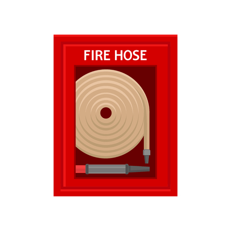 Emergency fire hose inside red metal wall box with glass. Flame prevention tool. Item for concept about safety and firefighter job. Colorful flat vector illustration isolated on white background.のイラスト素材