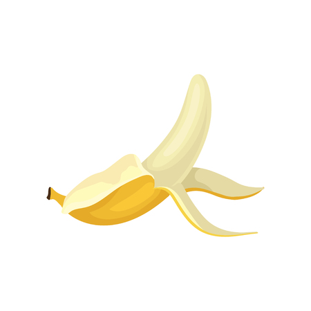 Cartoon illustration of half peeled banana. Bright yellow sweet fruit. Tasty and healthy food. Decorative element for product packaging. Colorful vector icon in flat style isolated on white backgroundのイラスト素材