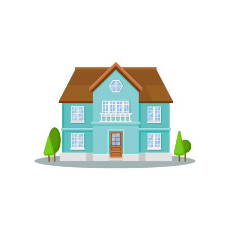 Cartoon icon of two-storey house with big windows, wooden door and roof. Exterior of residential cottage. Modern architecture. Colorful vector illustration in flat style isolated on white backgroundのイラスト素材