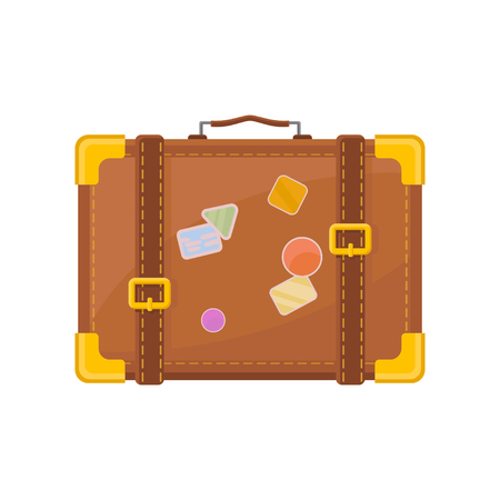 Flat vector icon of retro suitcase with stickers. Vintage travel bag with little handle, golden corners and belts. Luggage for adventureのイラスト素材