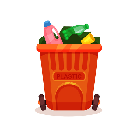 Flat vector icon of garbage bin with plastic waste. Empty bottles and cup in orange container. Trash sorting themeのイラスト素材