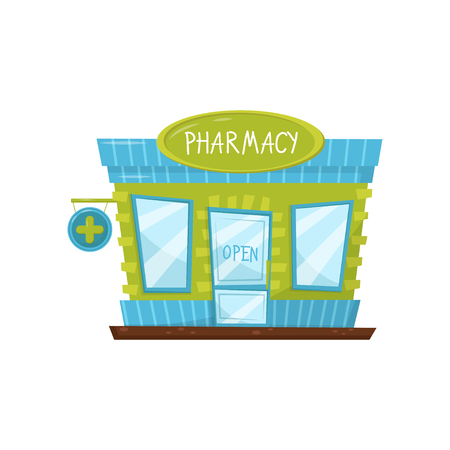 Pharmacy building facade with signboard, glass door and windows. Exterior of drugstore in cartoon style. Flat vector designのイラスト素材