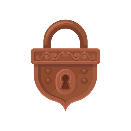 Flat vector icon of hanging mechanical lock. Brown antique padlock decorated with engraving. Secret or protection themeのイラスト素材